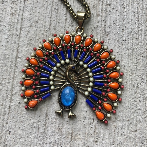 Peacock necklace Blues and Orange, gold metallic - Picture 3 of 8